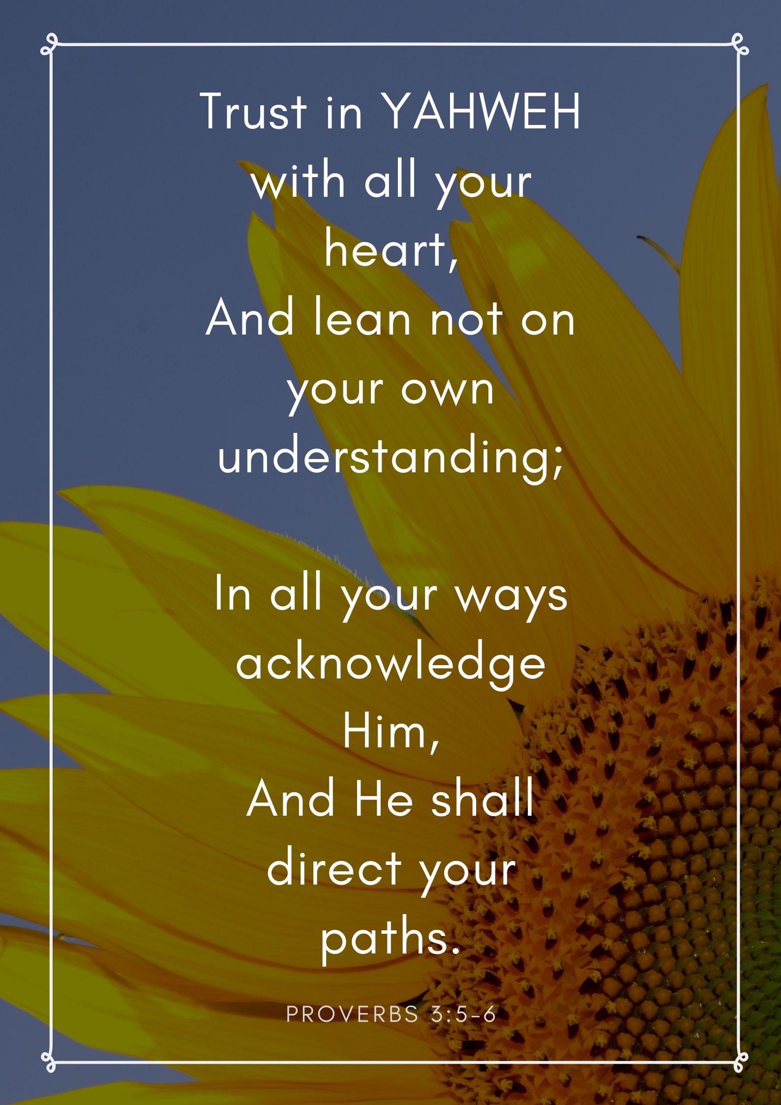 Trust in YAHWEH with all your heart, And lean not on your own understanding;  In all your ways acknowledge Him, And He shall direct your paths. Proverbs 3:5-6